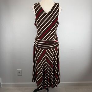 BCBG MaxAzaria Striped Surplice V-Neck Stretch Sleeveless Brown Dress L